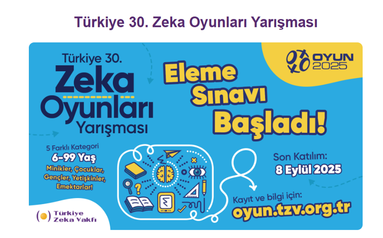 Türkiye 30. Zeka Oyunları Yarışması: Kayıtlar için son hafta