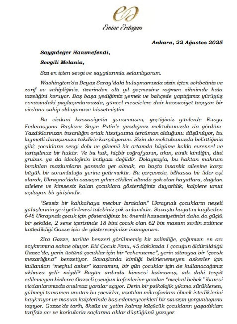 Emine Erdoğandan Melania Trumpa Gazzedeki insani krize ilişkin mektup