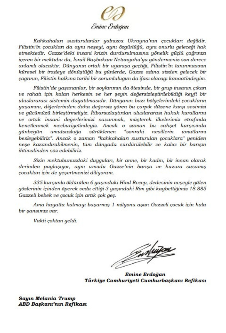Emine Erdoğandan Melania Trumpa Gazzedeki insani krize ilişkin mektup