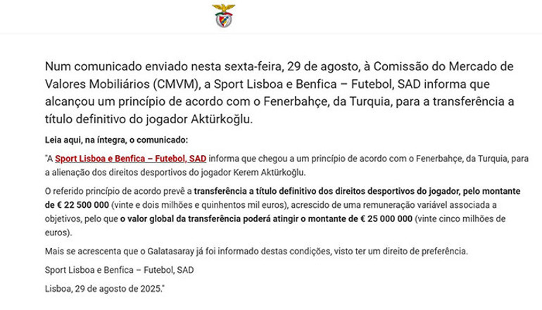 Benfica, Kerem Aktürkoğlunun Fenerbahçeye transferini açıkladı
