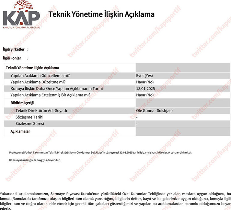 Beşiktaş, Solskjaerin sözleşmesinin feshedildiğini KAPa bildirdi