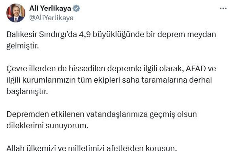 Balıkesirde 4.9 büyüklüğünde deprem