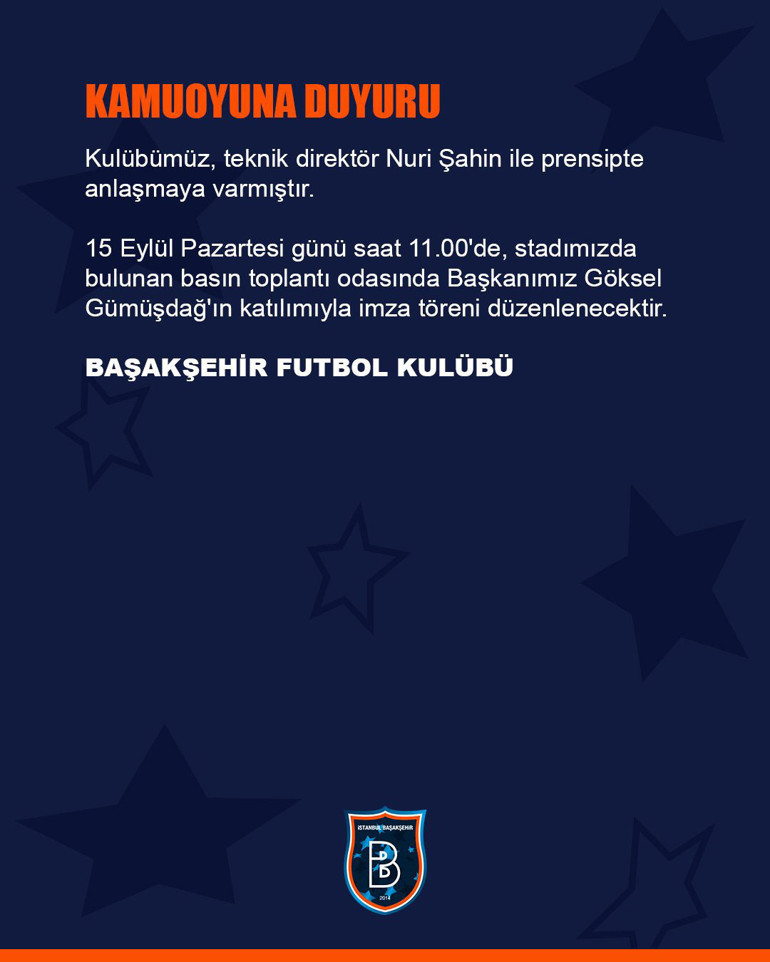 Başakşehir, Nuri Şahini resmen açıkladı