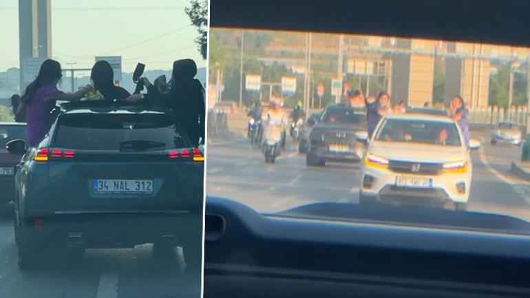 Düğün konvoyunda araçların slalom yaparken ve pencerelerden sarkarken görülmesi