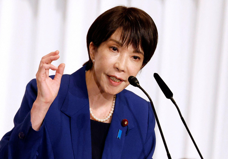 Former internal affairs minister Sanae Takaichi delivers a speech at the kick-off of the campaign for the ruling Liberal Democratic Party (LDP) presidential election in Tokyo.