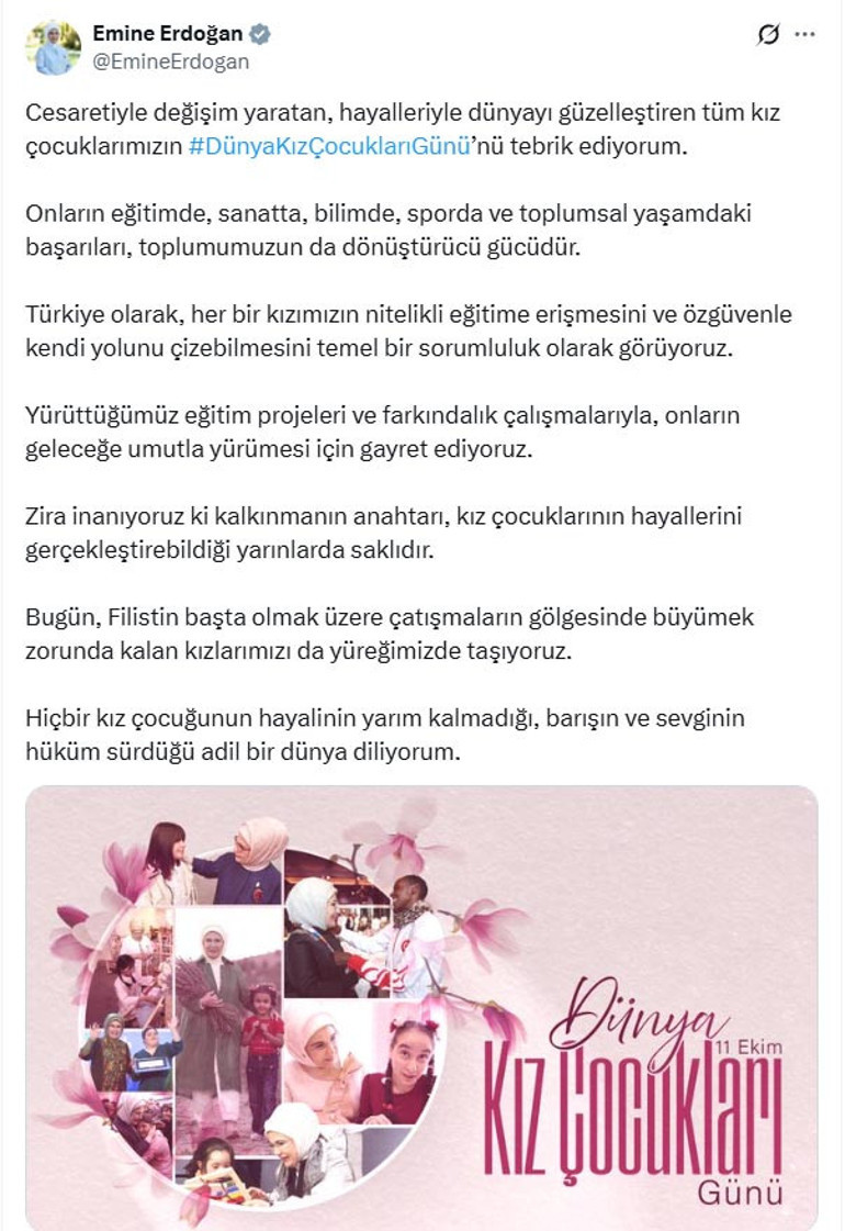 Emine Erdoğandan 11 Ekim Dünya Kız Çocukları Günü mesajı