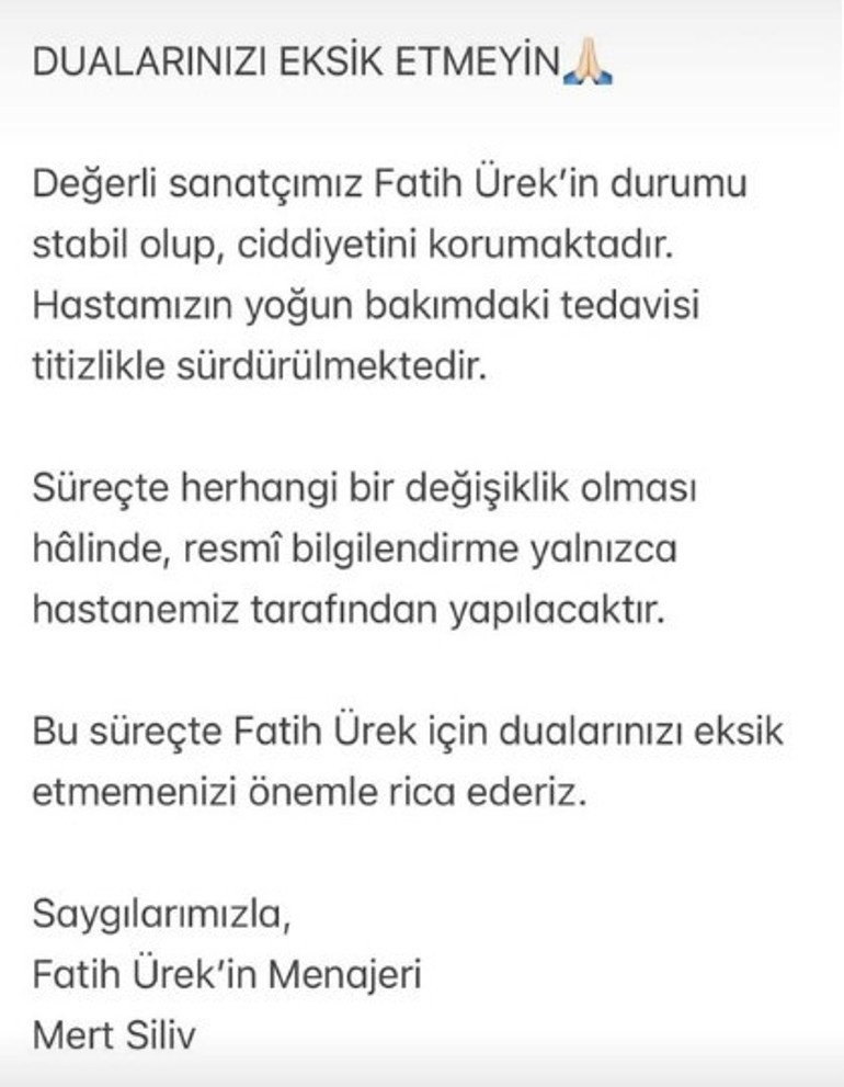 Fatih Ürekin sağlık durumu hakkında hastaneden açıklama