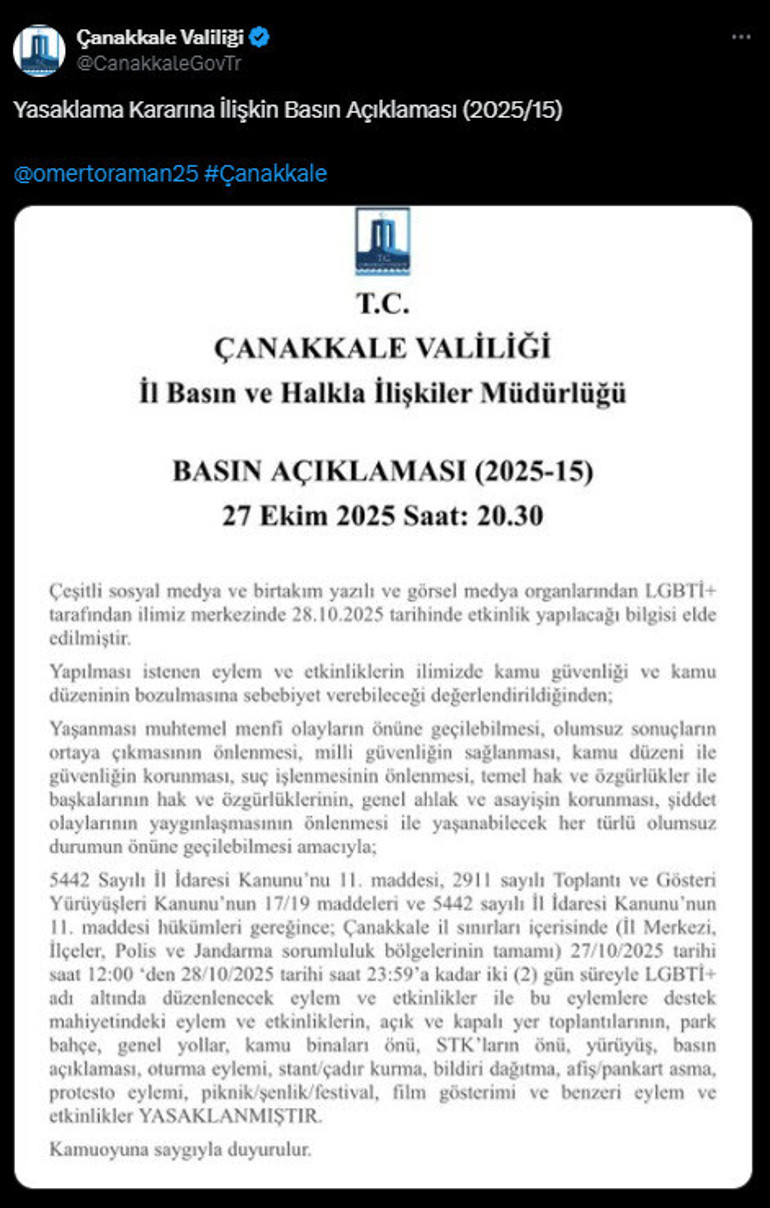 Çanakkaledeki LGBTİ etkinlikleri yasaklandı
