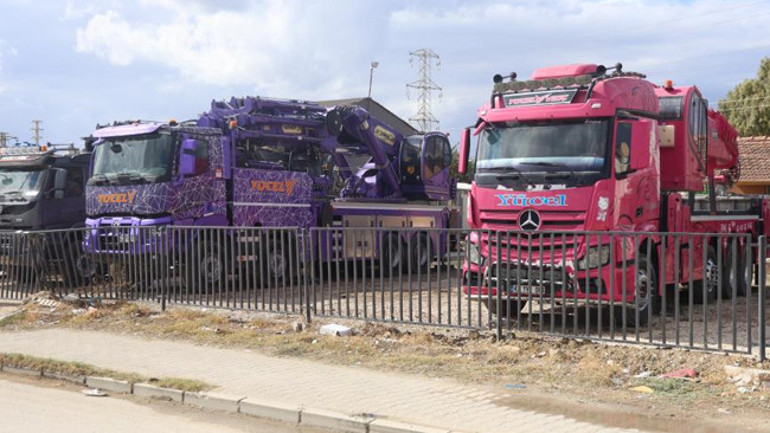 Mor ve pembe vinçlerin bulunduğu çalışma alanı