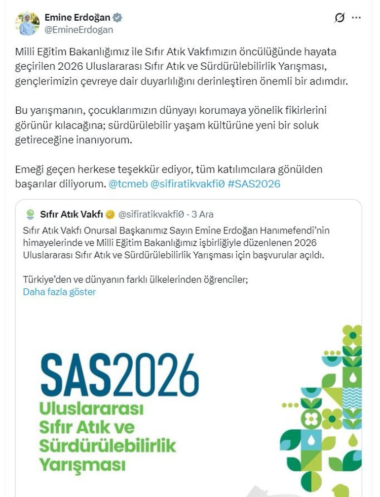 Emine Erdoğandan 2026 Uluslararası Sıfır Atık ve Sürdürülebilirlik Yarışmasına ilişkin paylaşım