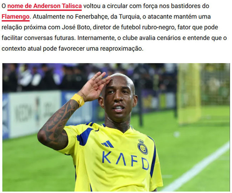 Fenerbahçeli Taliscaya Brezilyadan bir talip daha çıktı Transfer pazarlığı başlıyor