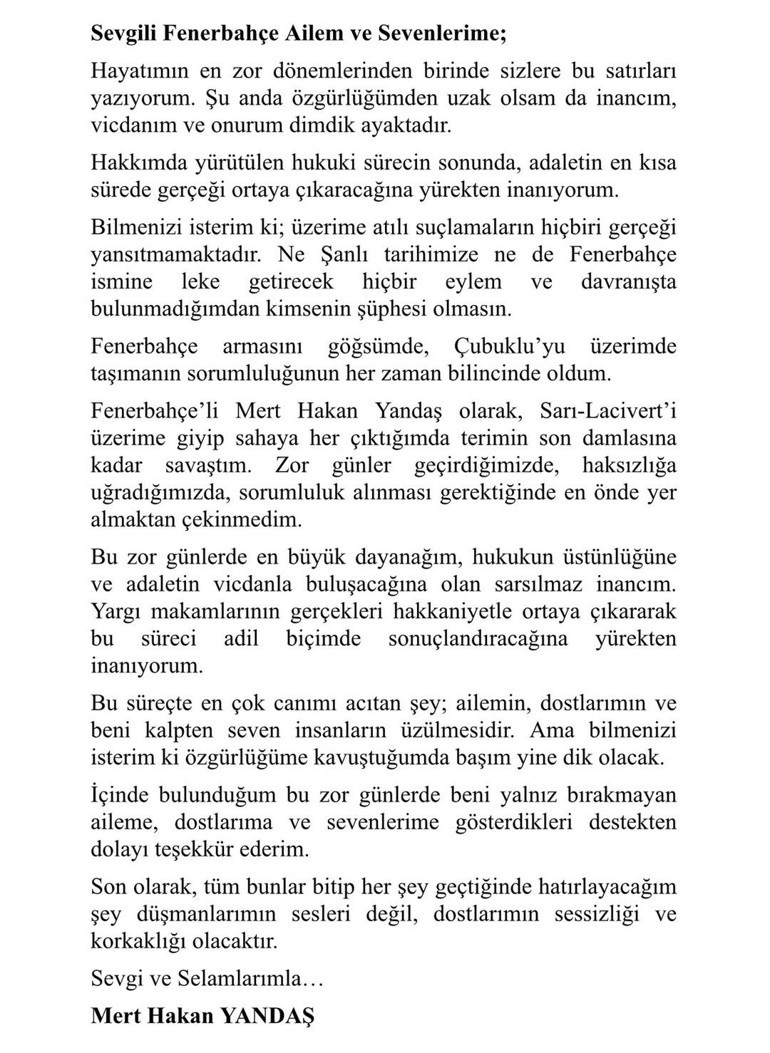 Mert Hakan Yandaştan Fenerbahçe taraftarına mektup