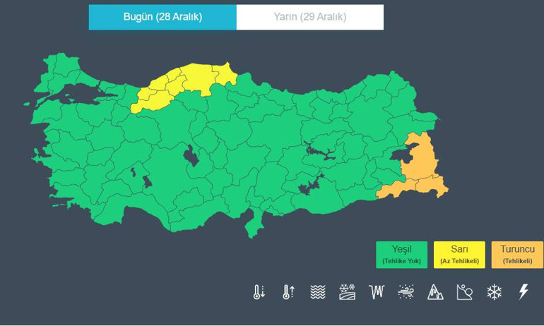  10 il için turuncu ve sarı kodlu alarm