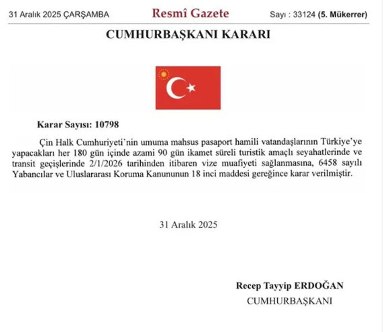 Resmi Gazete’de yayımlandı… Türkiyeden Çin vatandaşlarına vize müjdesi