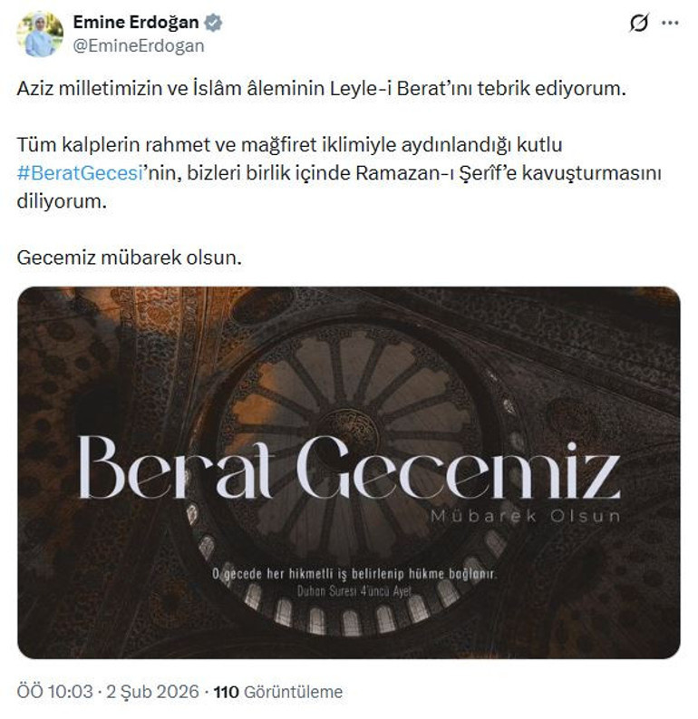 Emine Erdoğandan Berat Gecesi mesajı