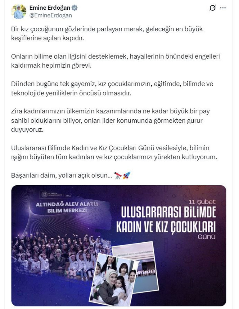 Emine Erdoğandan Uluslararası Bilimde Kadın ve Kız Çocukları Günü paylaşımı