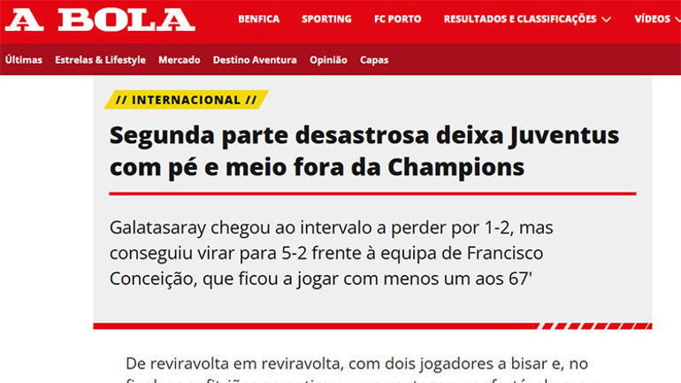 Galatasarayın Juventus zaferi İtalyan ve Avrupa basınında: Juventus, İstanbuldan kemikleri kırılarak döndü , Türkiyede kara gece