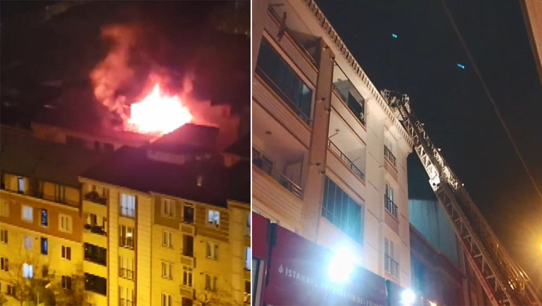Esenyurtta 5 katlı binanın çatısı alev alev yandı