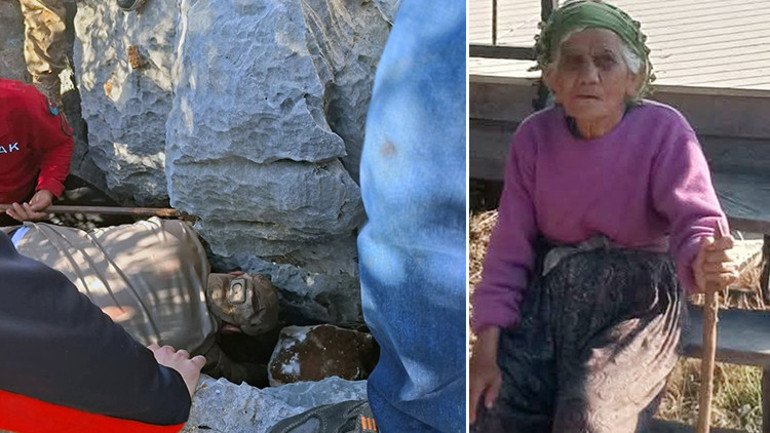 Kayalık bölgede 5 metrelik yarığa düşen yaşlı kadın 24 saat sonra kurtarıldı