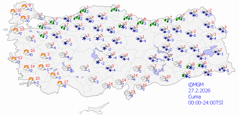 Bugün (27 Şubat Cuma) hava nasıl olacak, İstanbulda kar ya da yağmur var mı Meteorolojiden karla karışık yağmur ve sağanak uyarısı İşte il il hava durumu tahminleri