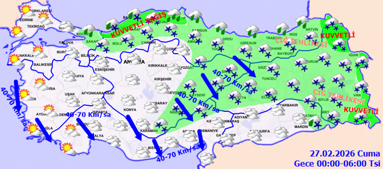 Bugün (27 Şubat Cuma) hava nasıl olacak, İstanbulda kar ya da yağmur var mı Meteorolojiden karla karışık yağmur ve sağanak uyarısı İşte il il hava durumu tahminleri