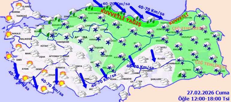 Bugün (27 Şubat Cuma) hava nasıl olacak, İstanbulda kar ya da yağmur var mı Meteorolojiden karla karışık yağmur ve sağanak uyarısı İşte il il hava durumu tahminleri