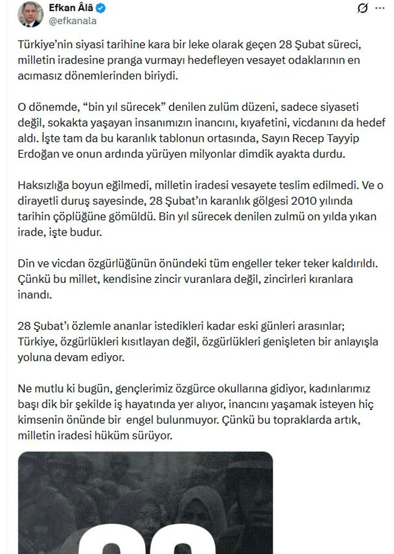 AK Parti Genel Başkan Vekili Ala: 28 Şubat süreci, vesayet odaklarının en acımasız dönemlerindendi