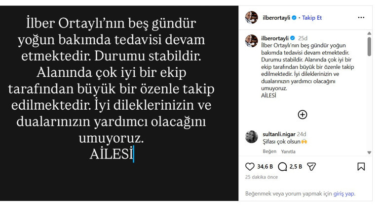 Tarihçi İlber Ortaylıdan üzen haber: Yoğun bakımda tedavi görüyor