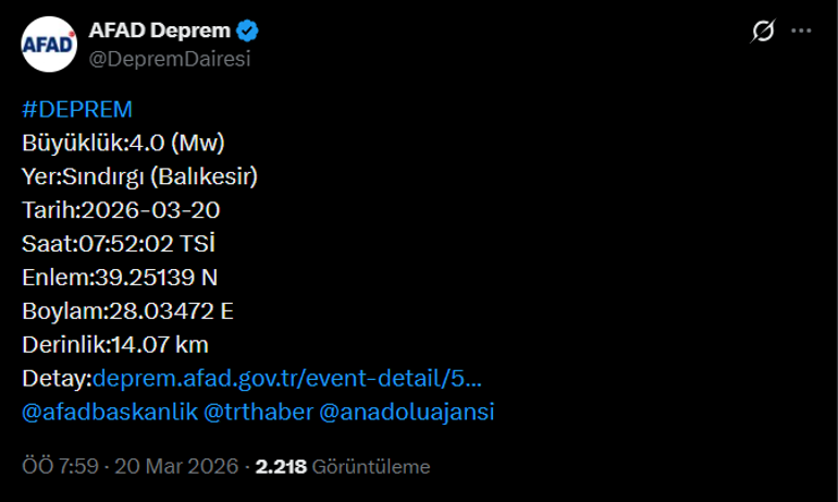 Balıkesirde 4.0 büyüklüğünde deprem