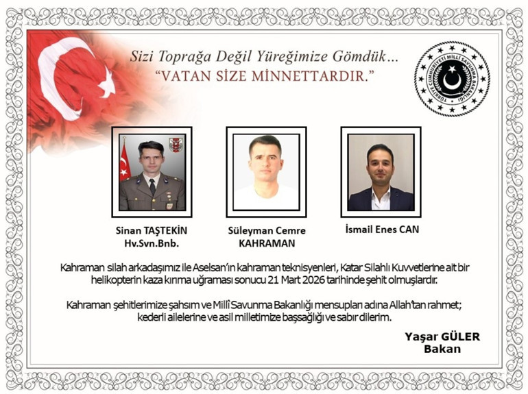Katarda düşen helikopterde 1 TSK ve 2 ASELSAN personeli şehit oldu