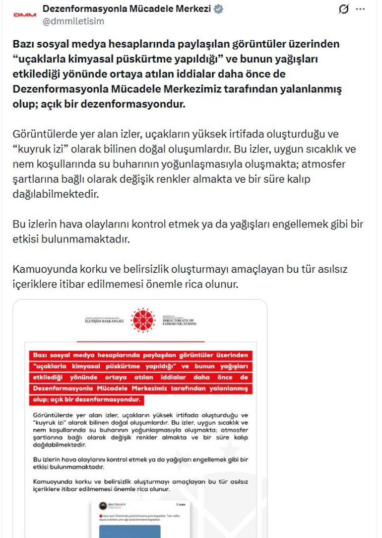 Uçaklarla kimyasal püskürtüldü iddiasına DMMden yalanlama
