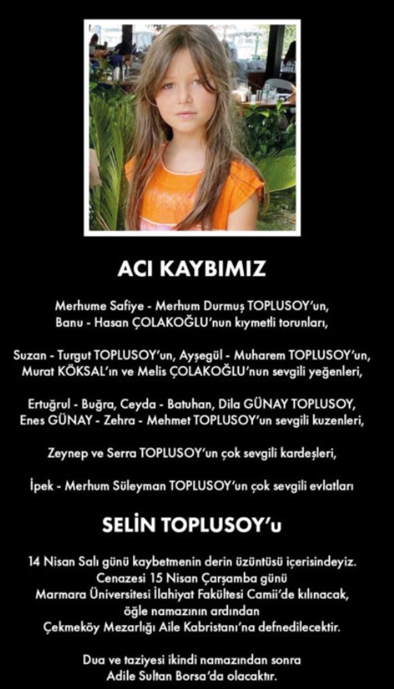 Toplusoy Ailesinin acı günü... 10 yaşındaki Selin hayatını kaybetti