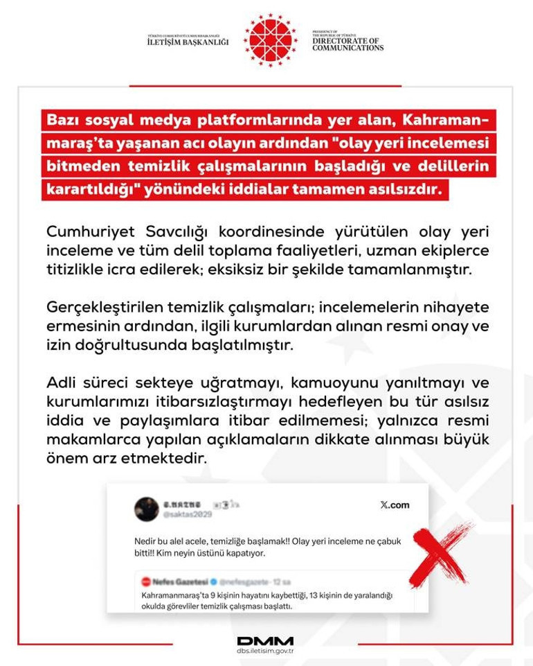 Kahramanmaraş saldırısıyla ilgili iddiaya İletişim Başkanlığından yalanlama
