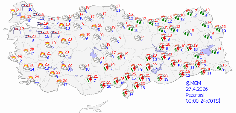 Bugünün Hava durumu tahminleri il il 27 Nisan 2026 | Yeni haftada hava nasıl olacak Bugün yağmur var mı Meteorolojiden son dakika uyarı: Sağanak yağış geri geliyor