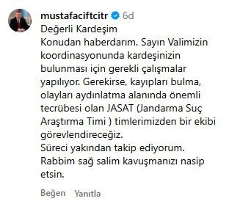 Bakan Çiftçi, kayıp Uğurun ağabeyinin yardım çağrısına yanıt verdi