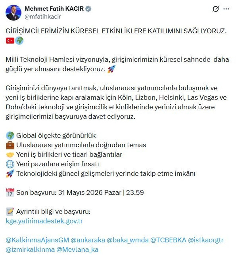 Yerli girişimler dünya ligine çıkıyor Bakan Kacır duyurdu