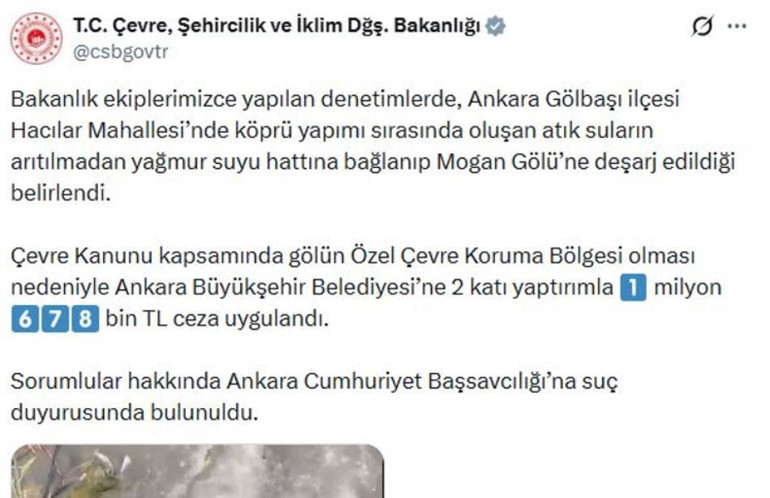 Bakanlıktan Ankara Büyükşehir Belediyesine 1.6 milyon lira ceza