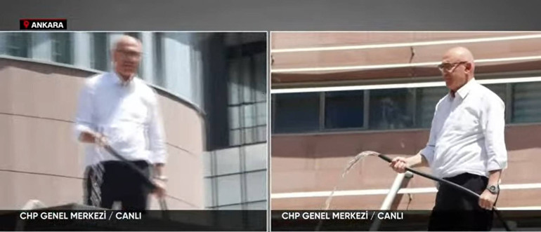 CHP genel merkezinde dikkat çeken anlar: Özel destekçileri parti otobüslerini bina önüne çekti, Mahmut Tanal hortumla bekliyor