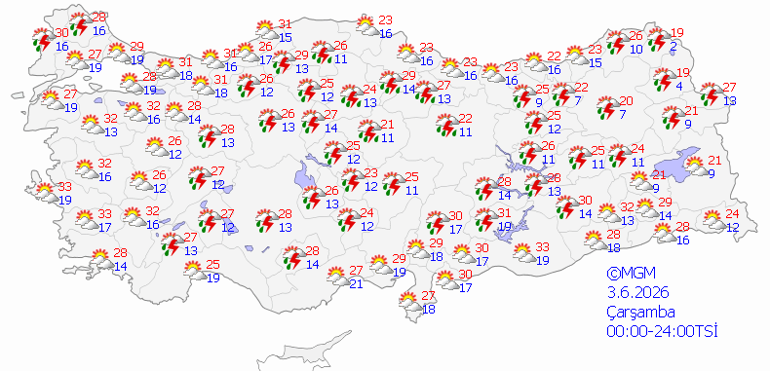 Bugün (3 Haziran) hava nasıl olacak Yağmur yağacak mı Meteoroloji duyurdu 4 il için sarı kodlu uyarı İşte il il hava durumu raporları