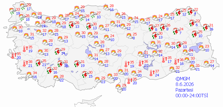 Son dakika hava durumu tahminleri il il | Yeni haftada hava nasıl olacak Sıcaklar bastırdı Bugün (8 Haziran) yağmur var mı Meteorolojiden Ankara ve birçok ile sağanak uyarısı