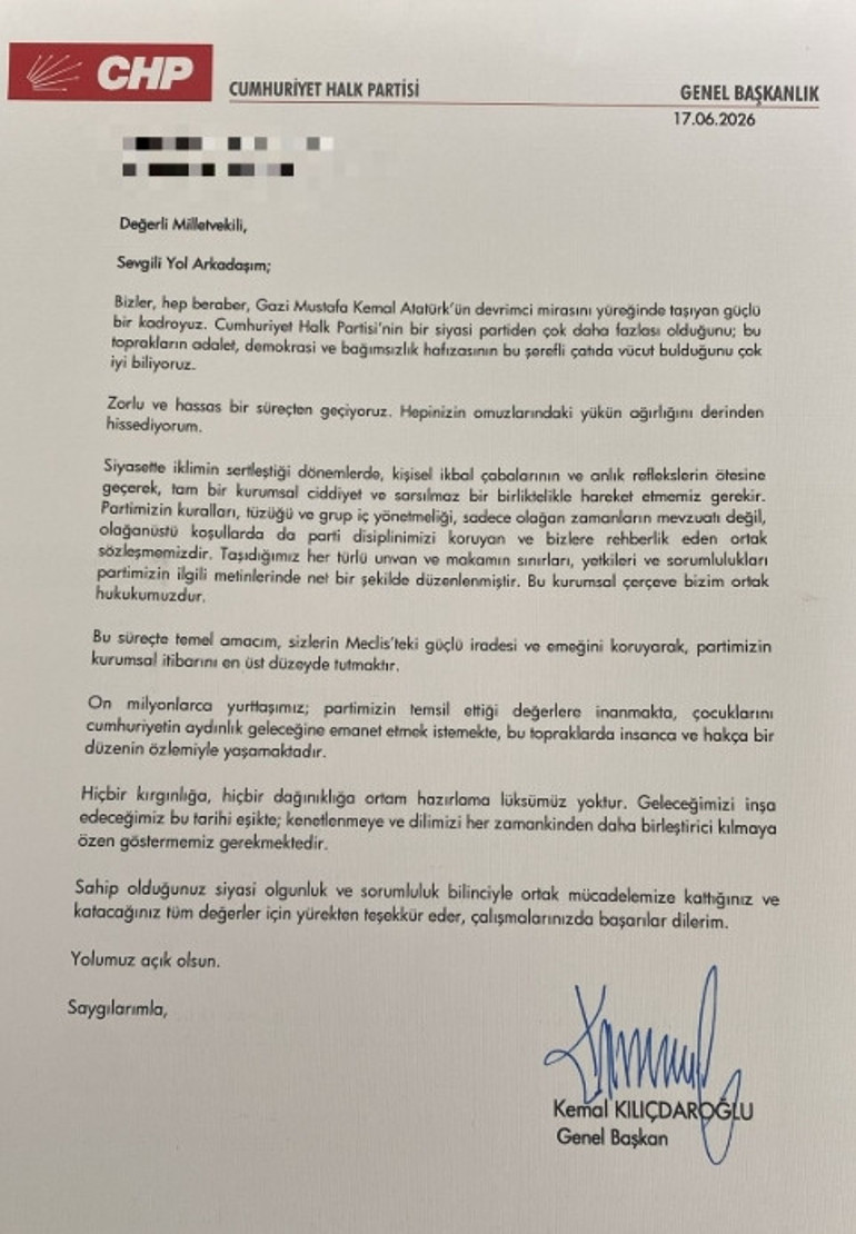 CHP Genel Başkanı Kemal Kılıçdaroğlundan milletvekillerine mektup