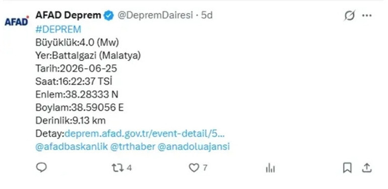 Son dakika… Malatya’da 4 büyüklüğünde deprem