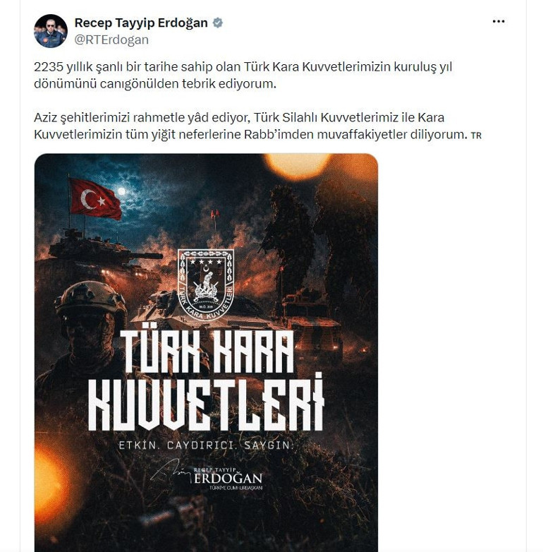 Cumhurbaşkanı Erdoğan, Kara Kuvvetlerinin kuruluş yıl dönümünü kutladı