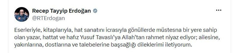 Cumhurbaşkanı Erdoğandan yazar Yusuf Tavaslı için taziye mesajı