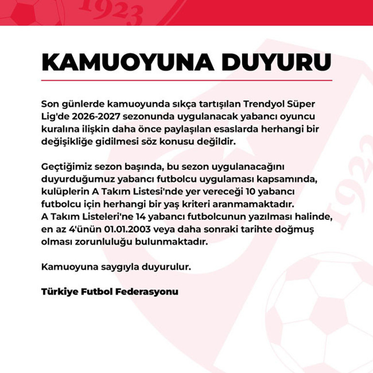 TFFden Süper Lig için yabancı kuralı açıklaması