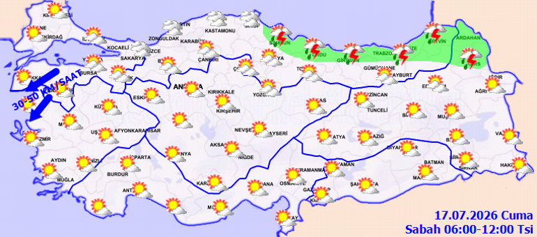 Meteoroloji 17 Temmuz 2026 hava durumu raporunu açıkladı Kuzeyde sağanak, güneyde sıcak hava etkili olacak
