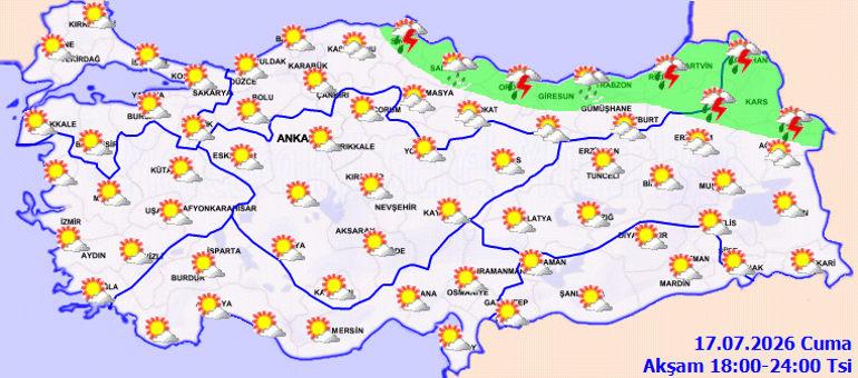 Meteoroloji 17 Temmuz 2026 hava durumu raporunu açıkladı Kuzeyde sağanak, güneyde sıcak hava etkili olacak