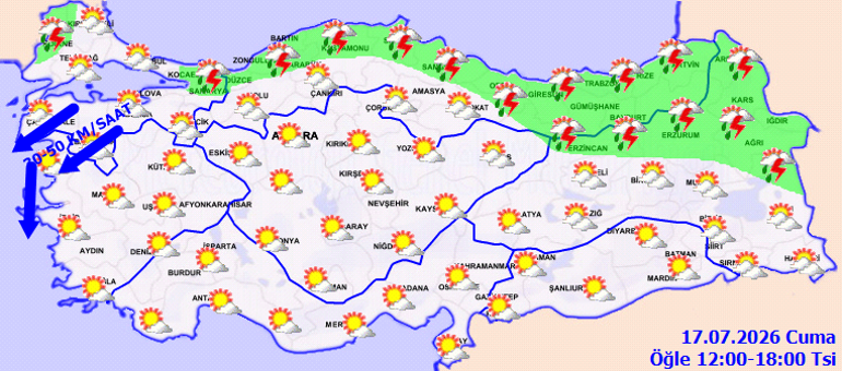 Meteoroloji 17 Temmuz 2026 hava durumu raporunu açıkladı Kuzeyde sağanak, güneyde sıcak hava etkili olacak