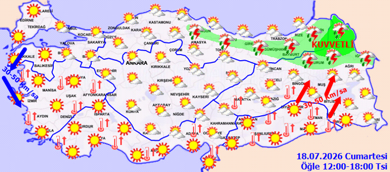 Meteorolojiden kuvvetli yağış ve kuvvetli rüzgar uyarısı İşte 18 Temmuz 2026 hava durumu raporu...