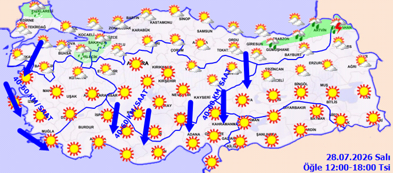 28 Temmuz hava durumu raporu | Hava sıcaklığı 41 dereceye kadar çıkacak, 4 bölgede kuvvetli rüzgar etkili olacak